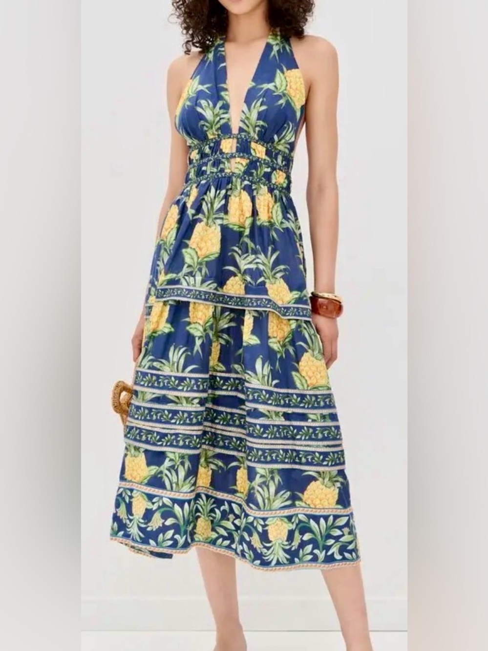 FARM Rio A Line Sleeveless Halter Midi Pineapple Dress Size Large Sku#72